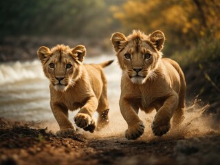 Fototapeta premium Two small baby lions running at full speed near river