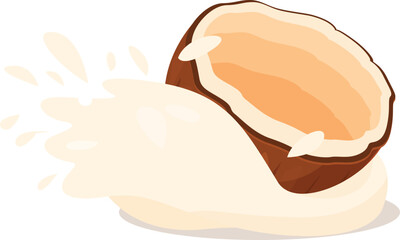 Coconut milk splashing from the cracked nut on white background