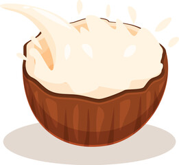 Coconut milk splashing into a cracked coconut shell, isolated on white background