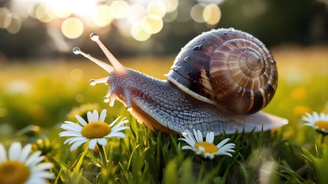 A snail is on the grass in the garden with a background of flower plants with a bokeh effect. Seamless 4K looping timelapse video animation generated AI