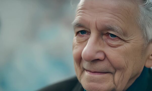 Medium shot portrait video of a Swedish man in his 90s against an abstract background