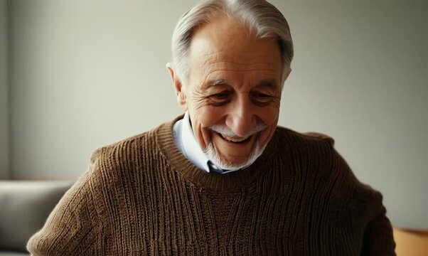 Lifestyle portrait video of a satisfied man in his 70s wearing a cozy sweater against a minimalist or empty room background