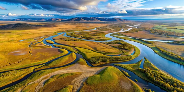 Aerial view of landscape riverbed and land relief of Putorano Plateau on Peninsula Taimyr