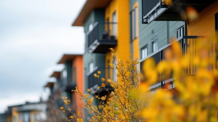 Brightly colored apartments feature a for sale sign in a vibrant neighborhood.