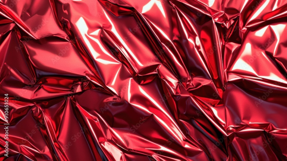 Poster a vibrant red foil exhibits a crinkled texture, reflecting light and creating dynamic visual pattern