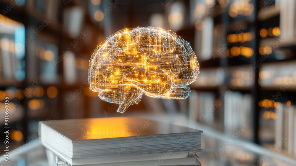 Poster a holographic brain glows above a stack of books in a quiet library setting.