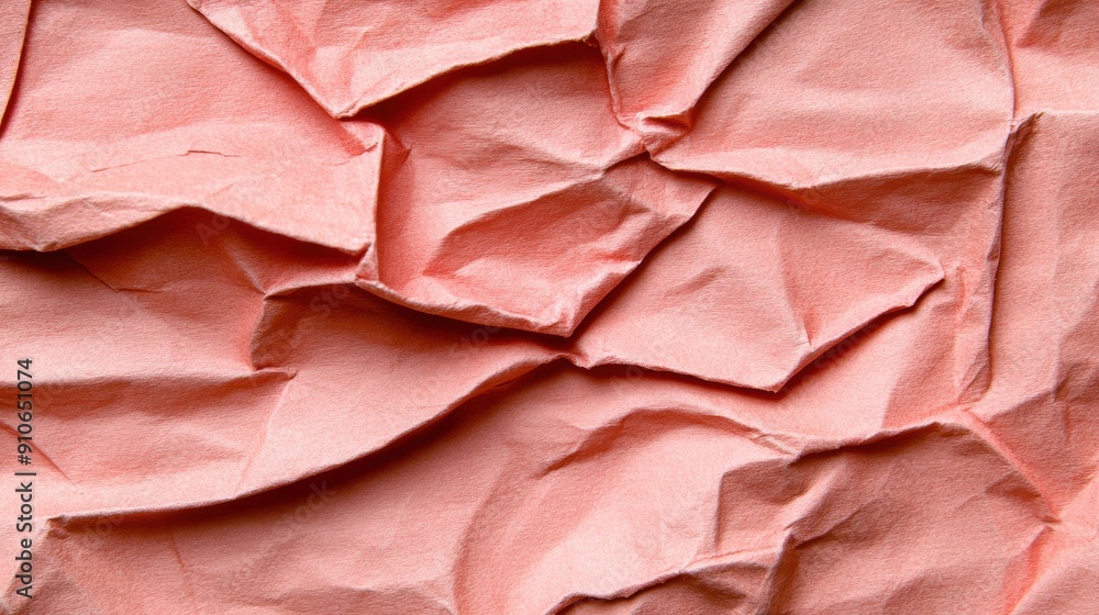 Poster close-up view of crumpled red paper showing intricate texture and shadow play, ideal for artistic ap