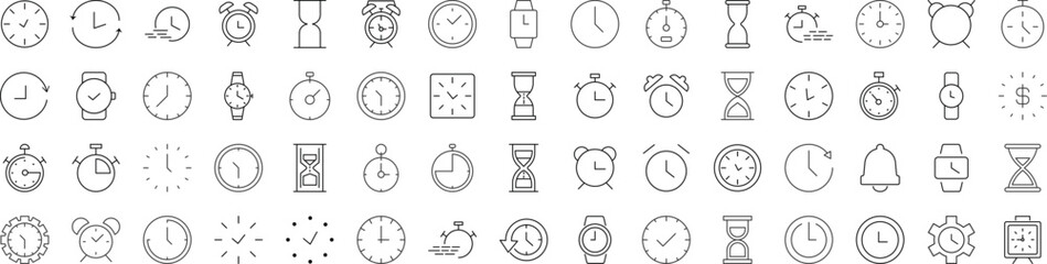 Collection of Line Icons of clock, alarm clock, hourglass for Adverts. Suitable for books, stores, shops. Editable stroke in minimalistic outline style. Symbol for design