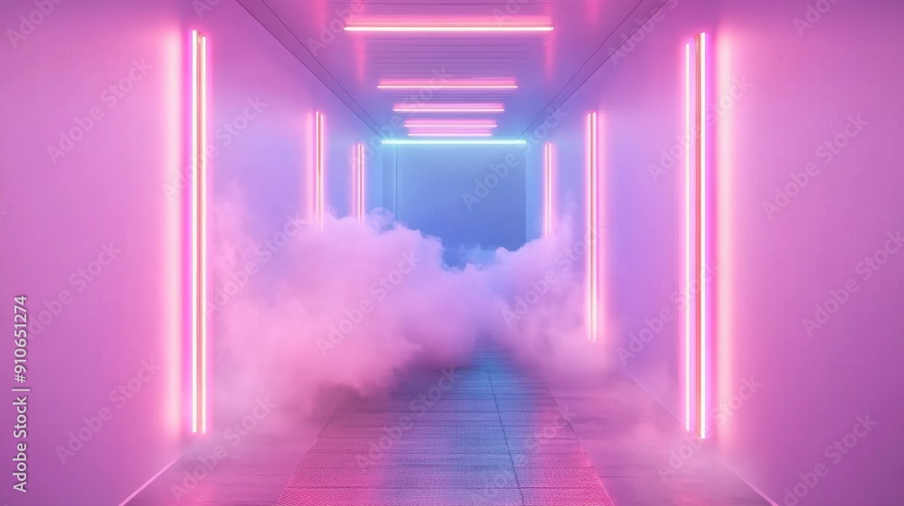 Poster a captivating corridor enveloped in fog, illuminated by glowing neon lights creating an enchanting a