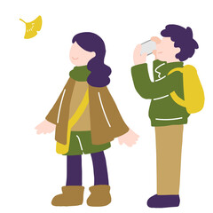 紅葉を撮影する男性と見上げる女性のフラットなイラスト