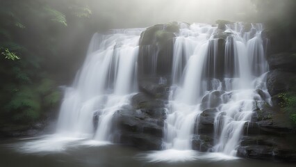 Waterfalls: Cascading waterfalls, captured in a flowing, almost dreamlike style, with mist and spray creating soft, ethereal textures.