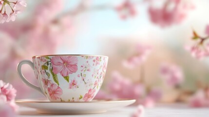 A floral tea cup rests elegantly against a backdrop of pink cherry blossoms, evoking a serene spring atmosphere.