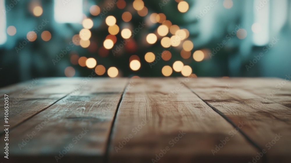 Poster an empty wooden table is illuminated by soft bokeh lights, creating a cozy atmosphere perfect for ga