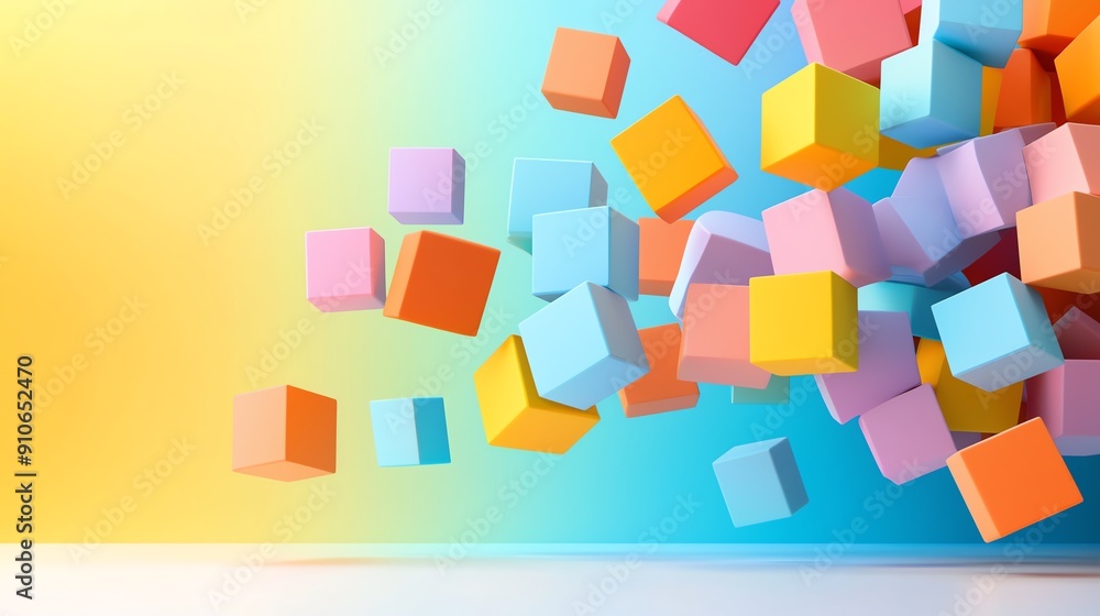 Poster colorful 3d cubes floating on a bright background create a playful and vibrant visual effect, ideal 
