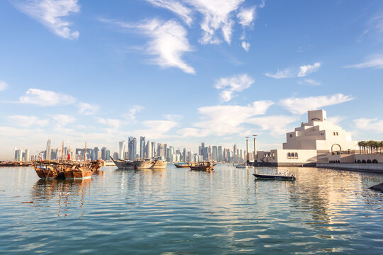Cityscape with harbor and fishing boats, Doha, Qatar
