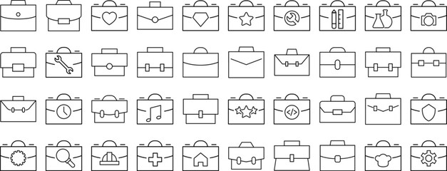 Collection of Icons of portfolio, briefcase and suitcase for business. Suitable for books, stores, shops. Editable stroke in minimalistic outline style. Symbol for design