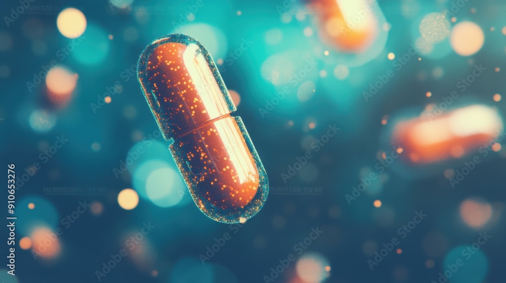 Poster capsules drift through a vibrant backdrop illuminated by soft bokeh lights creating a magical atmosp