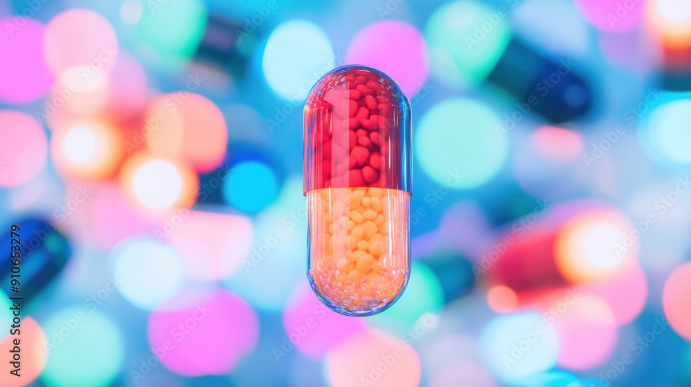 Poster colorful capsules float in a dreamy bokeh setting, illuminating the scene with vibrant, multi-colore