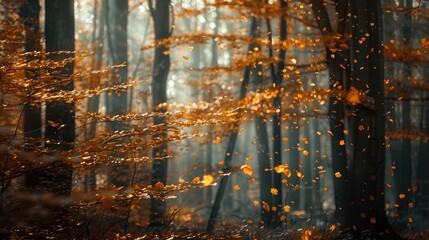 Golden Leaves Falling Through Misty Forest