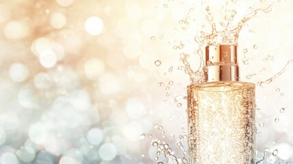 A luxurious cosmetic bottle splashes into sparkling liquid, creating a refreshing effect in soft, glowing light.