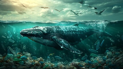 Fototapeta premium Whale in sea of plastic, conservation message.