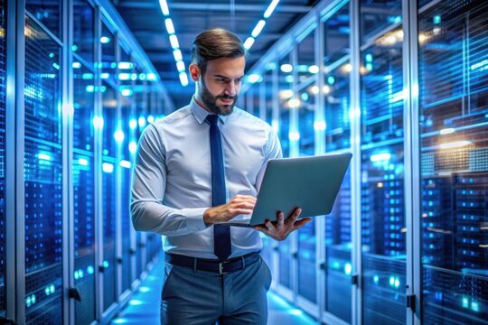 Tech Guru in Futuristic Data Center Utilizing Laptop Amidst Warehouse, Streamlined Digitalization with Server-Based Information. SAAS, Cloud Computing, Web Service Empowered.