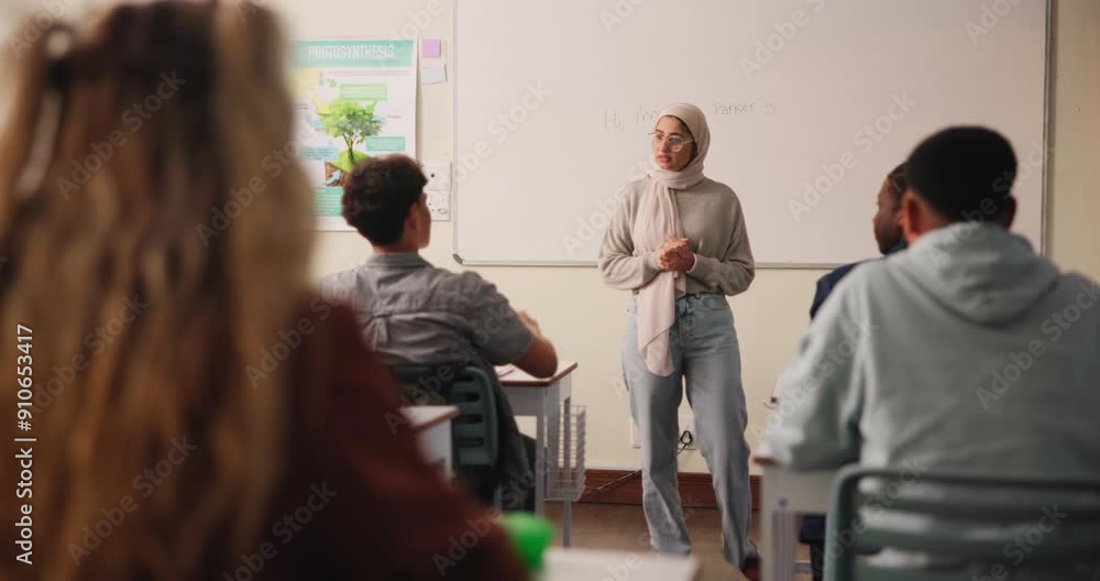 Poster Teacher, students and question in classroom with lesson for education, growth and development with teenager. People, study and hands up with back in high school for lecture, presentation or exam tips