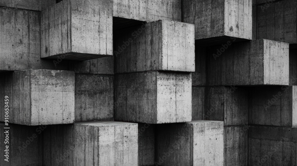 Poster a collection of geometric concrete blocks arranged in an abstract formation.