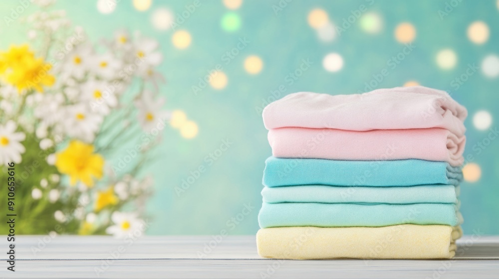 Poster freshly folded colorful laundry sits neatly on a table with vibrant flowers in the background, creat