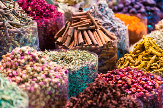 Assorted spices for sale at the souk, Dubai, UAE