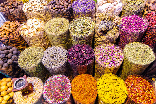 Assorted spices for sale at the bazaar, Dubai, UAE