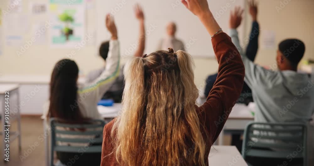 Poster Students, question and learning in classroom from teacher for education, growth and development with lesson. People, study and hands with back in school for lecture, problem solving or exam question