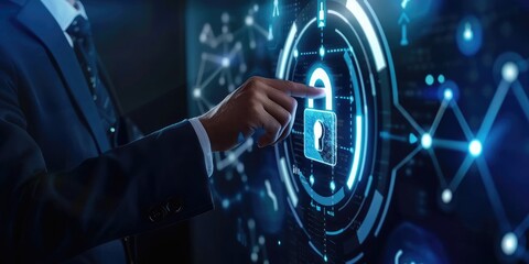 Businessman Touching Security Interface: A businessman touching a digital padlock or security interface, symbolizing data protection and cybersecurity.