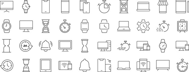 Collection of Line Icons of timer, clock, computer, phone, smartwatch. Suitable for books, stores, shops. Editable stroke in minimalistic outline style. Symbol for design