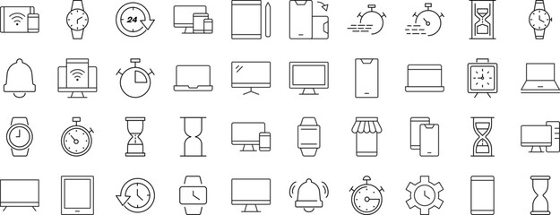 Collection of Line Signs of timer, clock, computer, phone, smartwatch. Suitable for books, stores, shops. Editable stroke in minimalistic outline style. Symbol for design