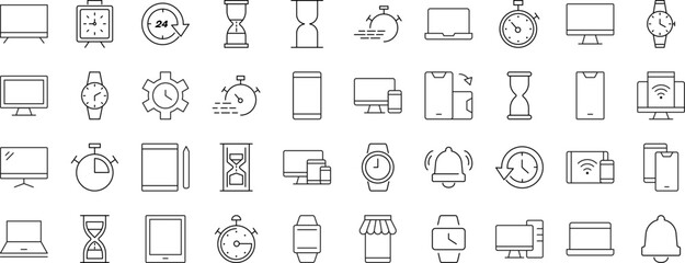 Line Signs of timer, clock, computer, phone, smartwatch for Advertisement. Suitable for books, stores, shops. Editable stroke in minimalistic outline style. Symbol for design