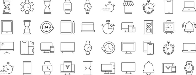 Collection of Line Icons of timer, clock, computer, phone, smartwatch for Adverts. Suitable for books, stores, shops. Editable stroke in minimalistic outline style. Symbol for design