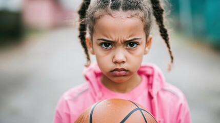 A young girl with braided hair grips a basketball, showing determination and focus in her serious expression.