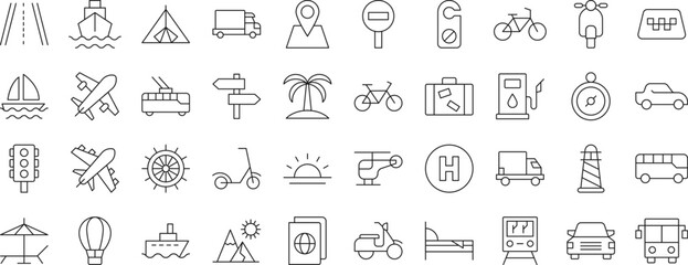 Naklejka premium Collection of Line Icons of transport, travel, trip, vacation for Adverts. Suitable for books, stores, shops. Editable stroke in minimalistic outline style. Symbol for design