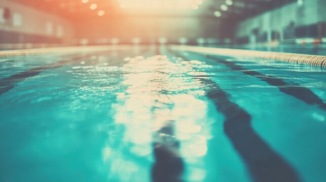 An empty indoor swimming pool showcasing clear lanes and serene water reflections in warm natural light.