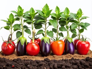 Freshly planted kitchen garden featuring vibrant tomato, eggplant, and basil seedlings growing together in neat rows on a clean white background, symbolizing abundance and growth.