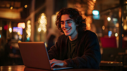 Obraz premium Young Man Smiling While Working on Laptop in Cozy Cafe Lighting