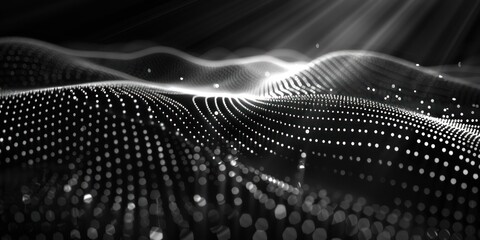 An abstract 3D render of a wavy line pattern composed of luminous dots, with shimmering particles adding a sense of energy and motion.