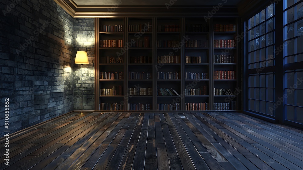 Poster A Dark and Empty Library with a Single Lamp