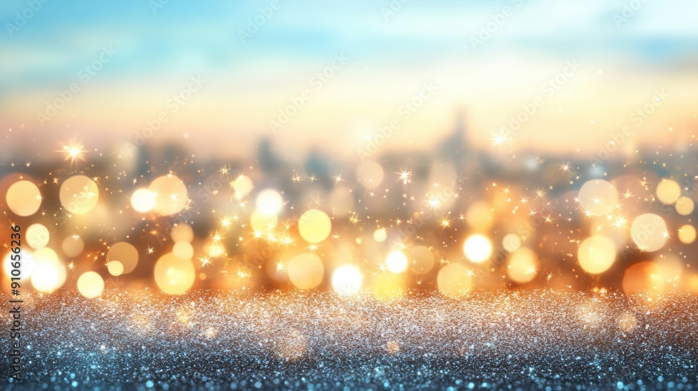 Poster bokeh lights twinkle against a glittery surface, creating a dreamy atmosphere at twilight in an urba