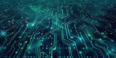 A digital circuit board pattern in shades of blue and green, symbolizing modern technology and innovation.