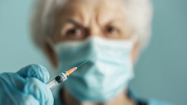A healthcare worker is giving a vaccine to an elderly woman in a clinic.
