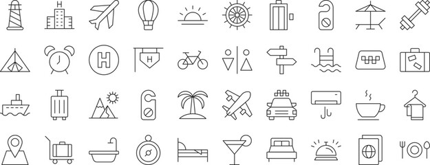 Fototapeta premium Collection of Icons of hotel, vacation, travel for Shops and Stores. Suitable for books, stores, shops. Editable stroke in minimalistic outline style. Symbol for design