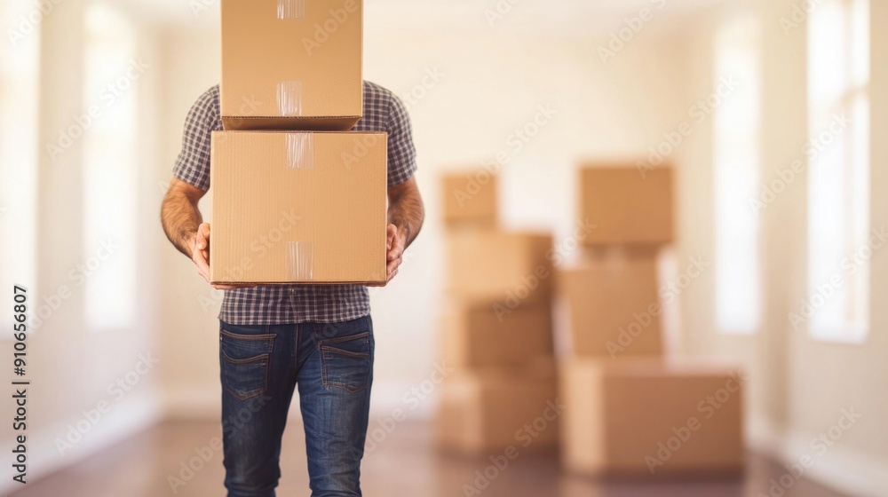 Aufkleber a man transports multiple cardboard boxes while moving into a new home during daylight.