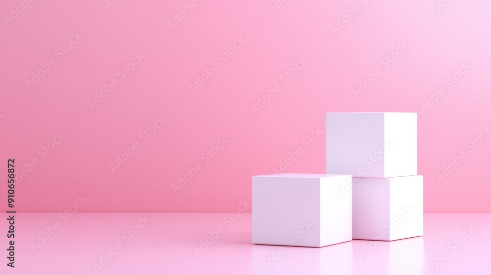 Poster three white cubes are arranged on a soft lavender background, creating a minimalistic and tranquil a